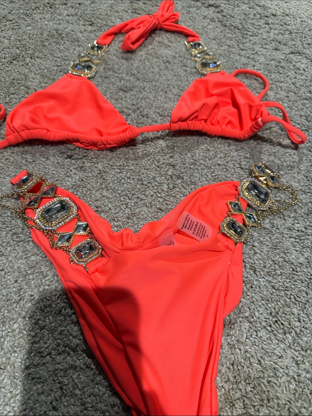 Beach Bunny Neon Coral Triangle Bikini with Gold Embellishments - Picture 7 of 12